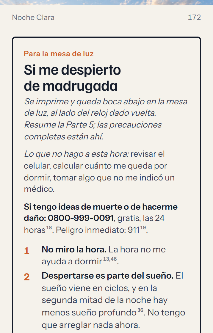 Lámina 172 de Noche Clara, la tarjeta para la mesa de luz «Si me despierto de madrugada», recortada